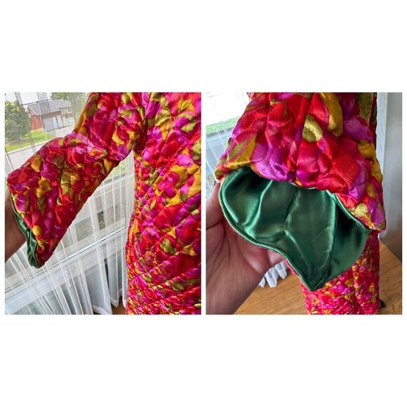 Vintage 1970s robe, hot pink, emerald, orange floral, quilted, tulip bell sleeve - Picture 7 of 10